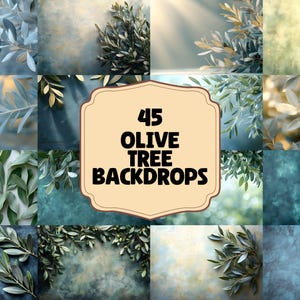 May include: A collage of 45 digital backdrops featuring olive tree branches and leaves in various shades of green and blue. The backdrops are perfect for adding a touch of nature to your photos and designs.