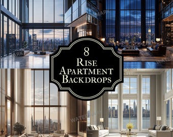 May include: Eight high-rise apartment backdrops featuring city views from large windows. The backdrops are ideal for use in photography and videography.