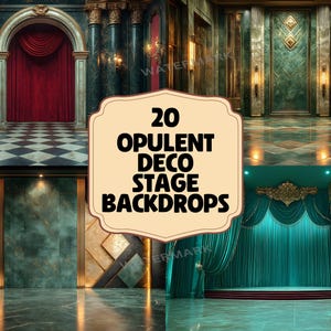Könnte beinhalten: Ein Set mit 20 digitalen Bühnenhintergründen mit opulenten Art-Deco-Designs. Die Hintergründe umfassen eine Vielzahl von Farben und Mustern, darunter Gold, Grün und Rot. Die Hintergründe eignen sich perfekt für die Verwendung in Fotografie, Videografie und Grafikdesign.