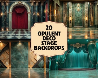 May include: A set of 20 digital stage backdrops featuring opulent deco designs. The backdrops include a variety of colors and patterns, including gold, green, and red. The backdrops are perfect for use in photography, videography, and graphic design.