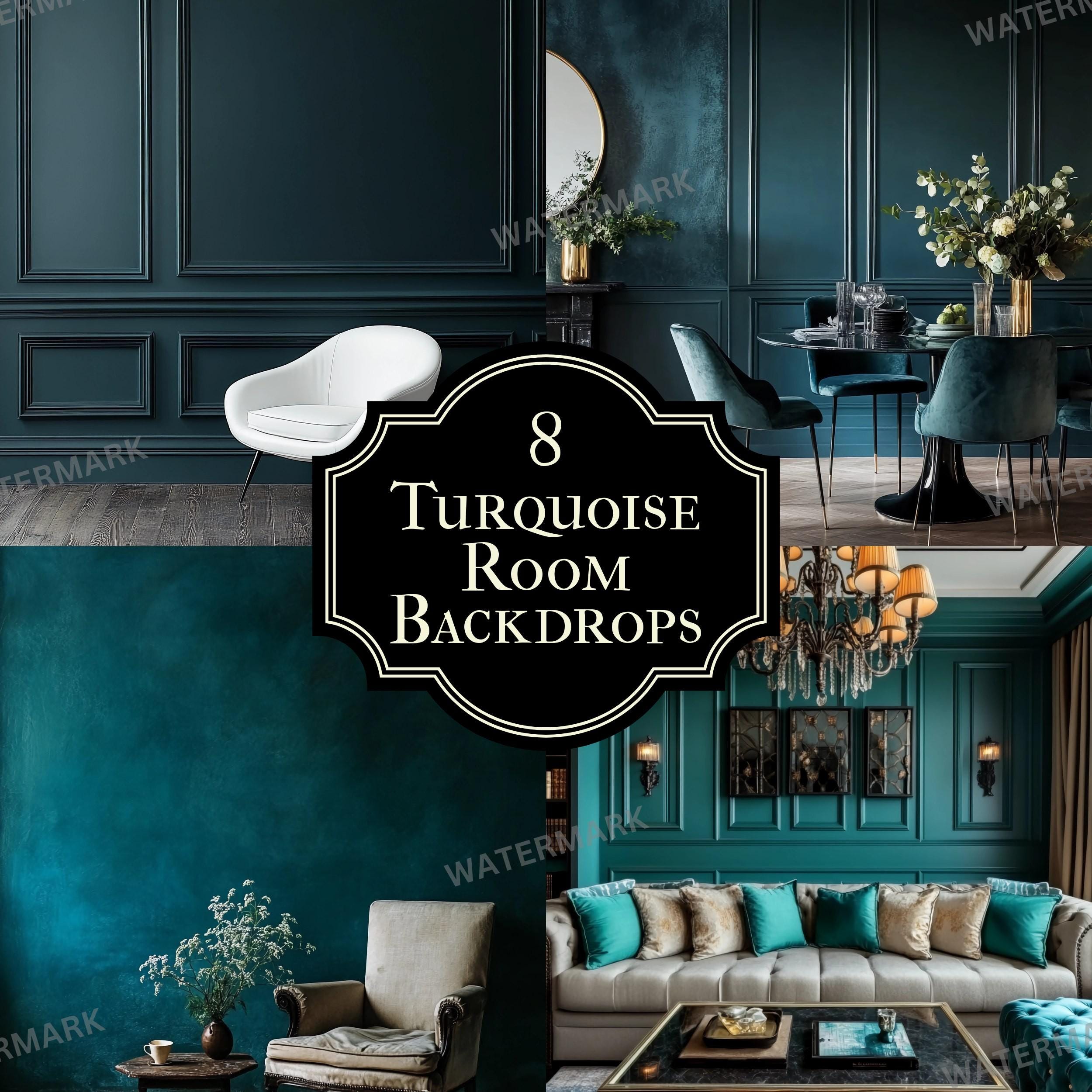 8 Turquoise Room Backdrops | Moody Interior Digital Backgrounds with Furniture | Photoshop Overlays & Photo Editing