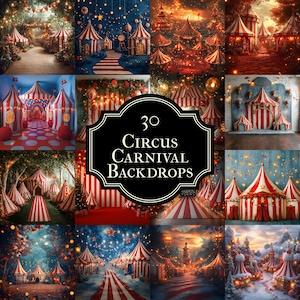 30 Circus Carnival Backdrops - Digital Overlays for Photoshop, Whimsical and Festive Backgrounds for Photography and Design
