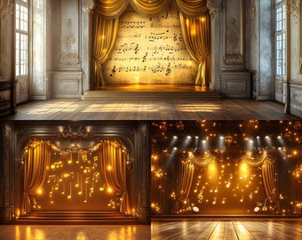 May include: A grand stage with gold drapes and a backdrop featuring musical notation. The stage is bathed in warm light, creating a dramatic and elegant atmosphere. The wooden floor reflects the light, enhancing the visual appeal. The image evokes a sense of performance and artistry.