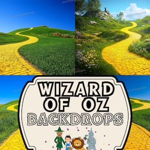 Puede incluir: Cuatro imágenes de un camino de ladrillos amarillos serpenteando a través de un campo verde de hierba. El texto "Wizard of Oz Backdrops" está en el centro de la imagen.