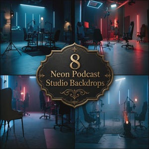 Peut inclure: Une collection de 8 arrière-plans de studio de podcast néon présentant divers aménagements intérieurs avec bureaux, chaises et éclairage professionnel, surmontés d'un emblème noir et or portant l'inscription 8 Neon Podcast Studio Backdrops.