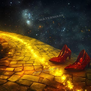 Pode incluir: Um par de sapatos vermelhos brilhantes de salto alto repousa sobre uma estrada de tijolos dourados, iluminada por uma luz brilhante. A estrada curva-se em direção a um céu noturno estrelado, criando uma cena caprichosa e mágica.