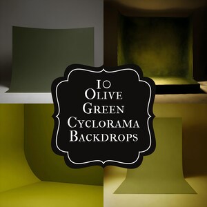 May include: Four olive green cyclorama backdrops are displayed in a studio setting. The backdrops are in various shades of green, with a curved design. The text "10 Olive Green Cyclorama Backdrops" is in a black frame.