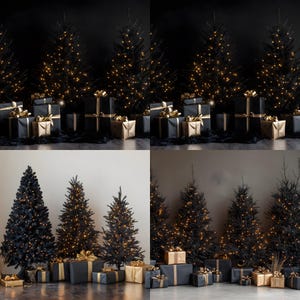 May include: Several black Christmas trees adorned with warm white lights and surrounded by wrapped gifts in black and gold. The gifts are tied with gold ribbons and bows, creating a festive holiday scene.