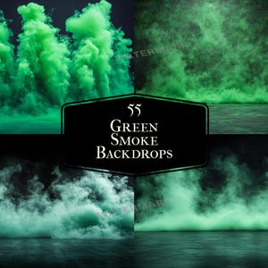 Puede incluir: Cuatro imágenes de humo verde sobre un fondo negro. El humo tiene varias formas y tamaños, creando un efecto dramático y etéreo. El texto "55 Green Smoke Backdrops" está superpuesto a las imágenes.