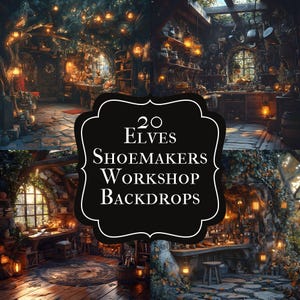 Puede incluir: Imagen compuesta que muestra cuatro fondos de taller. Los fondos presentan interiores rústicos con iluminación cálida, elementos de madera y diversas herramientas. El texto de la imagen dice "20 Elves Shoemakers Workshop Backdrops."