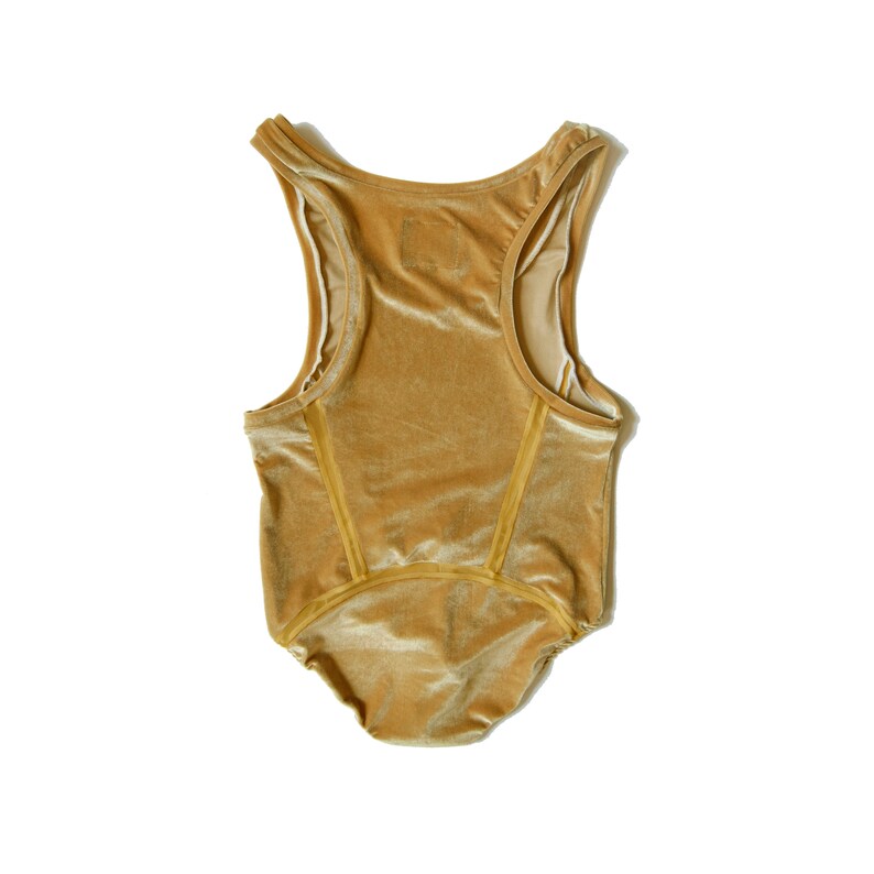 Mustard velour leotard w mesh cut outs