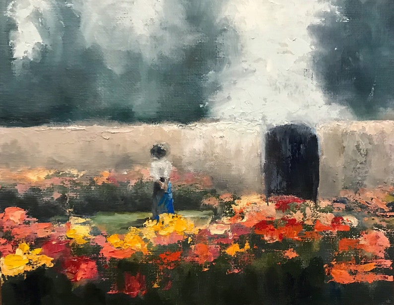 ACEO ATC painting signed art print Guardian of the Garden flower garden floral Art Artist Trading Card