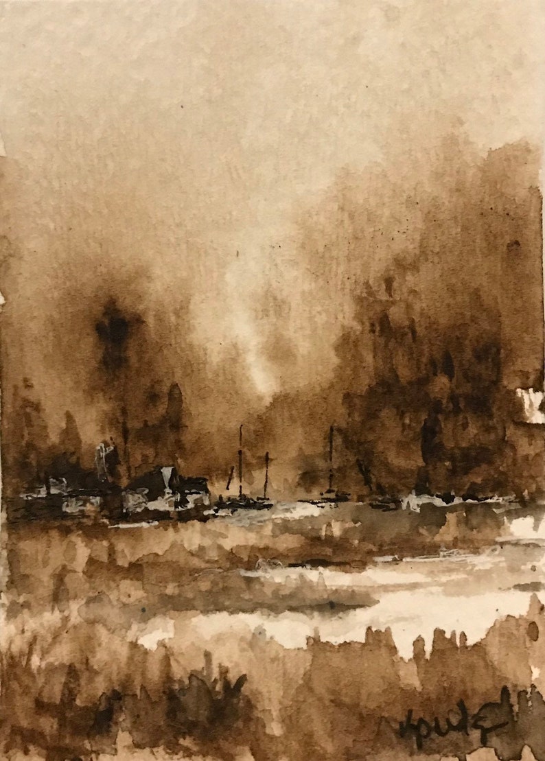 Original watercolor ACEO ATC Life on Salt Marsh II Monochromatic Sepia