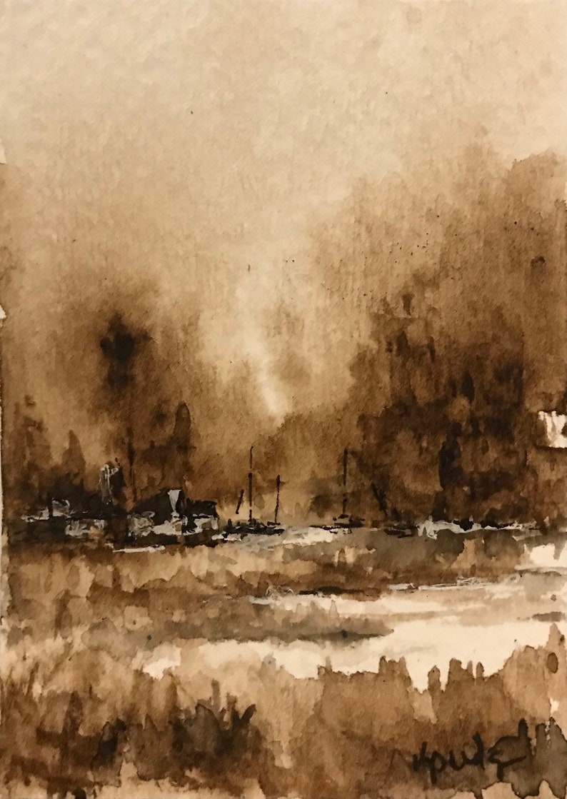 Original watercolor ACEO ATC Life on Salt Marsh II Monochromatic Sepia