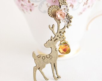 deer pendant, floral antlers, flowers, spring, swarovski elements, symbolic jewelry
