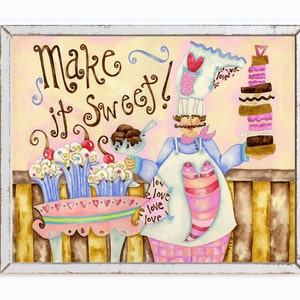 Make It Sweet Chef Art Print Chocolate Baking Cupcakes Cake Ice Cream Heart wall Decor Kitchen Bakery Dessert Home Decor Watercolor image 6