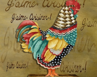 Gourmet Rooster Jaime Cuisiner Art Print - Chocolate French Cookbooks Wall Decor - Cooking Kitchen Watercolor Home Decor - Folk Farmhouse