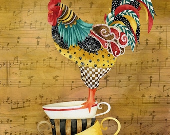 Musical Rooster Pour Me Some Tea Art Print - Coffee - Cups - Music Bird Lover Watercolor Painting Room Decor - Retro - Vintage Home Gift