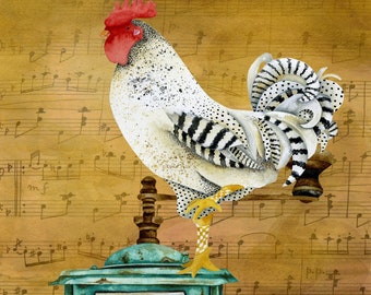 Musical Rooster Meet Me At The Cafe Art Print - Bird - Coffee - Vintage Retro Coffee Grinder Wall Decor - Watercolor Music Home Decor - Folk