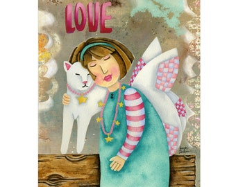 Angel Kitty Love Digital Download Art Print - Instant Download - Printable Art - Whimsical Watercolor Wall Decor - Gifts Under 10 For Her