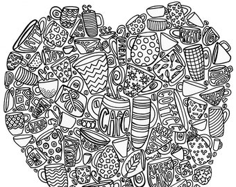 Printable Coloring Page. Coffee Love. Instant Download