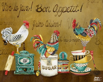 Rooster Whimsies Art Print - French Cooking Coffee Watercolor Painting Wall Decor - Kitchen Baking - Vintage - Retro Home Gift - Birds