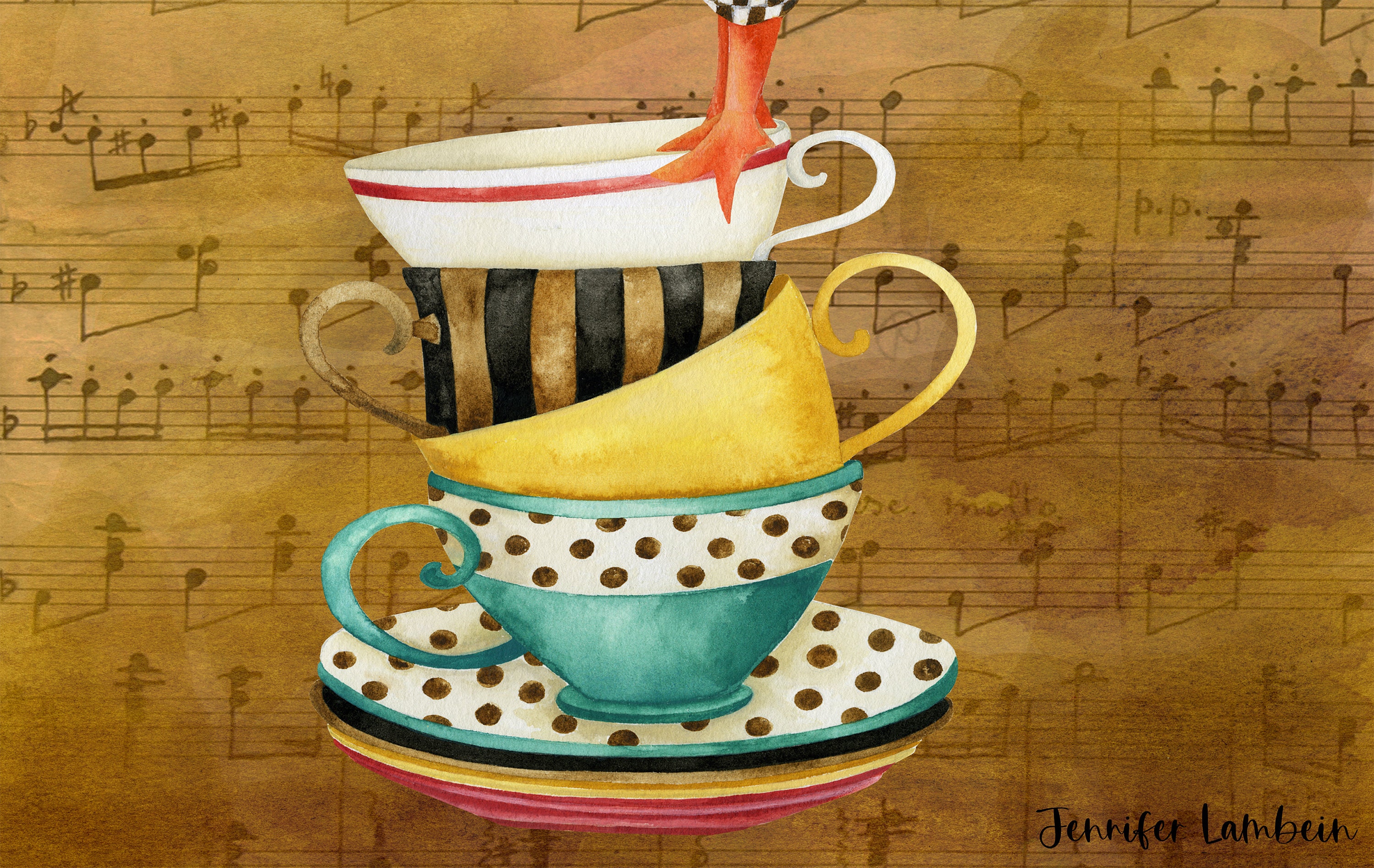 Musical Rooster Pour Me Some Tea Art Print Coffee Cups Music Bird Lover