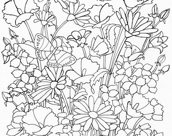 Printable Coloring Page. Flowers & Butterflies. Instant Download