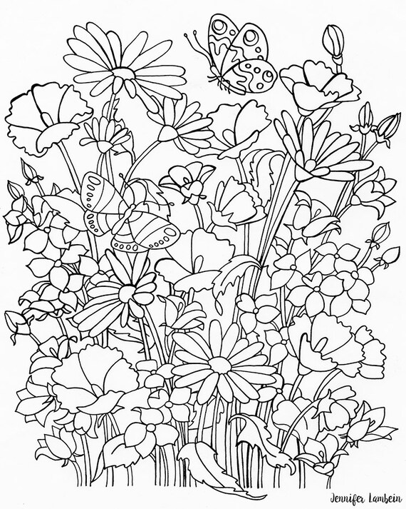 printable coloring page flowers butterflies instant etsy