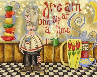 Dream One Sip Art Print Coffee Chef Wall Decor - Flowers - Tulips - Coffee Cups Watercolor Folk Art Home Decor - Moon - Stars - Room Gift