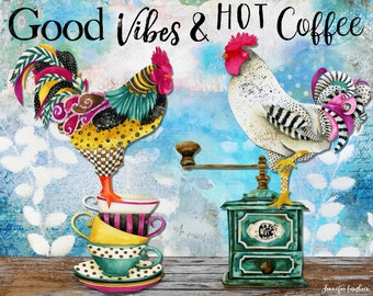 Good Vibes & Hot Coffee Art Print - Rooster Bird - Retro Coffee Wall Decor - Boho Plants Room Decor - Kitchen Home Decor For Her