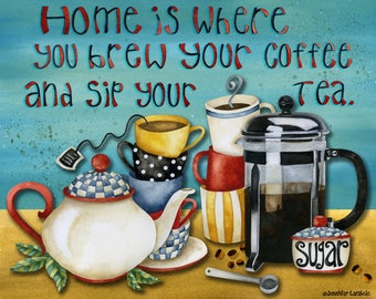 Home Is Where Art Print Coffee - Tea Lover Watercolor Painting Wall Decor - Rustic Folk Coffee Mug - Cup - Room Home Kitchen Gift - Sugar