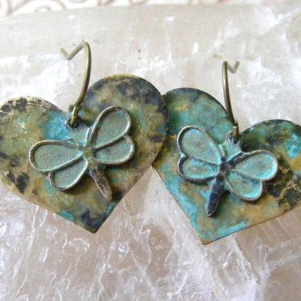 Chubby Hearts and Sweet Dragonflies in Verdigris Patina Finish Dangle Earrings