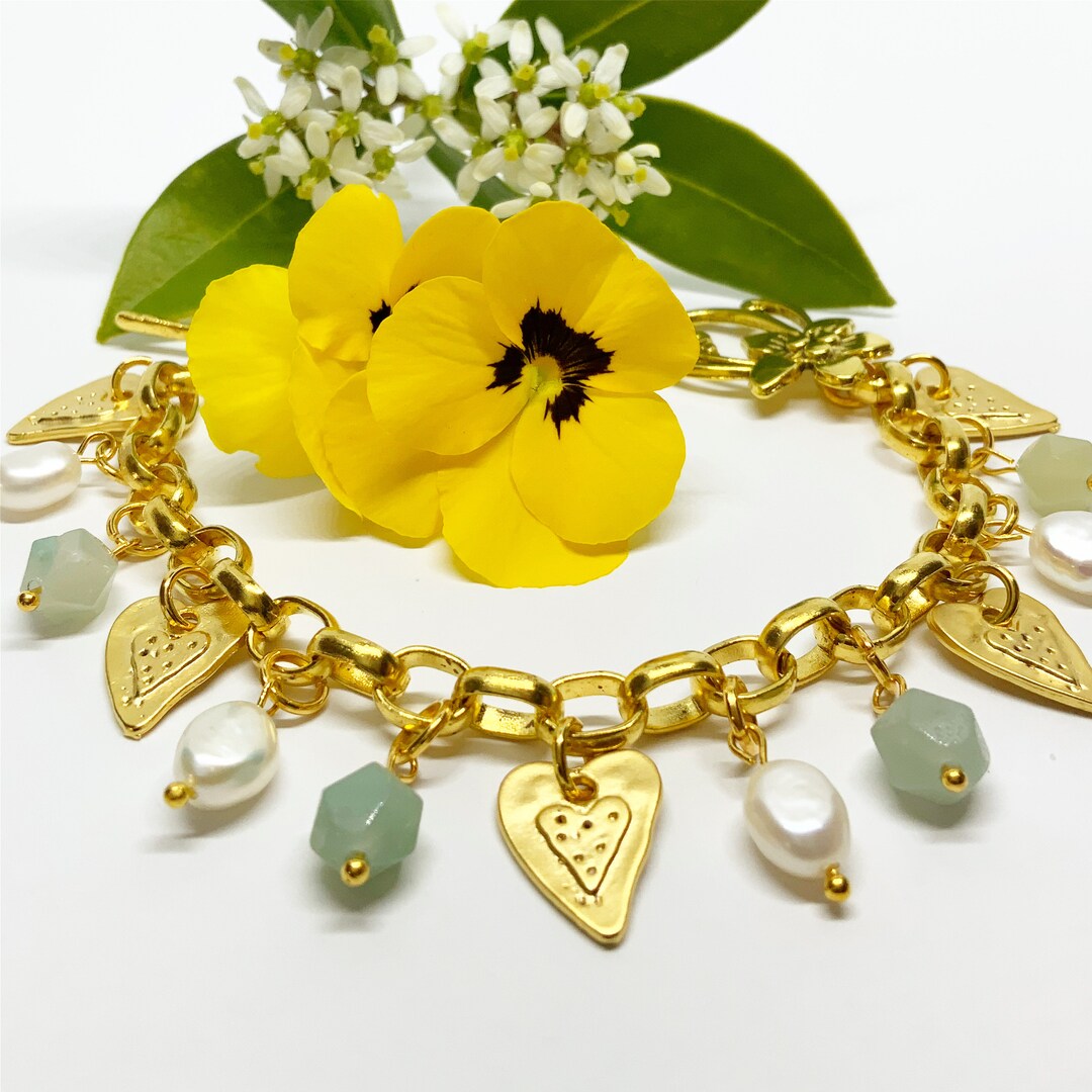Gold Heart Charm Braceletpearl Charm Braceletamazonite Charm Bracelet