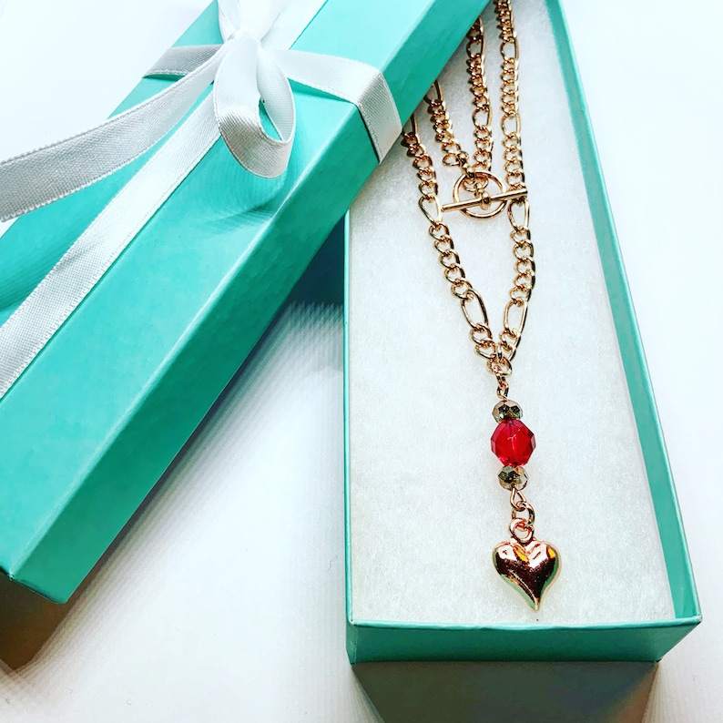 Mother\u2019s Day present Mother\u2019s Day gift-Heart necklace-Rose gold chain necklace-Red bead and heart necklace