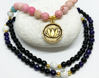 LOTUS FLOWER 108 bead Mala necklace and bracelet-beaded Mala-wrap Mala bracelet-black tourmaline and pink sea sediment Jasper bracelet