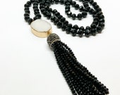 Druzy necklace- Beaded tassel black crystal necklace with white druzy-Black crystal necklace-Knotted necklace-Crystal beaded tassel