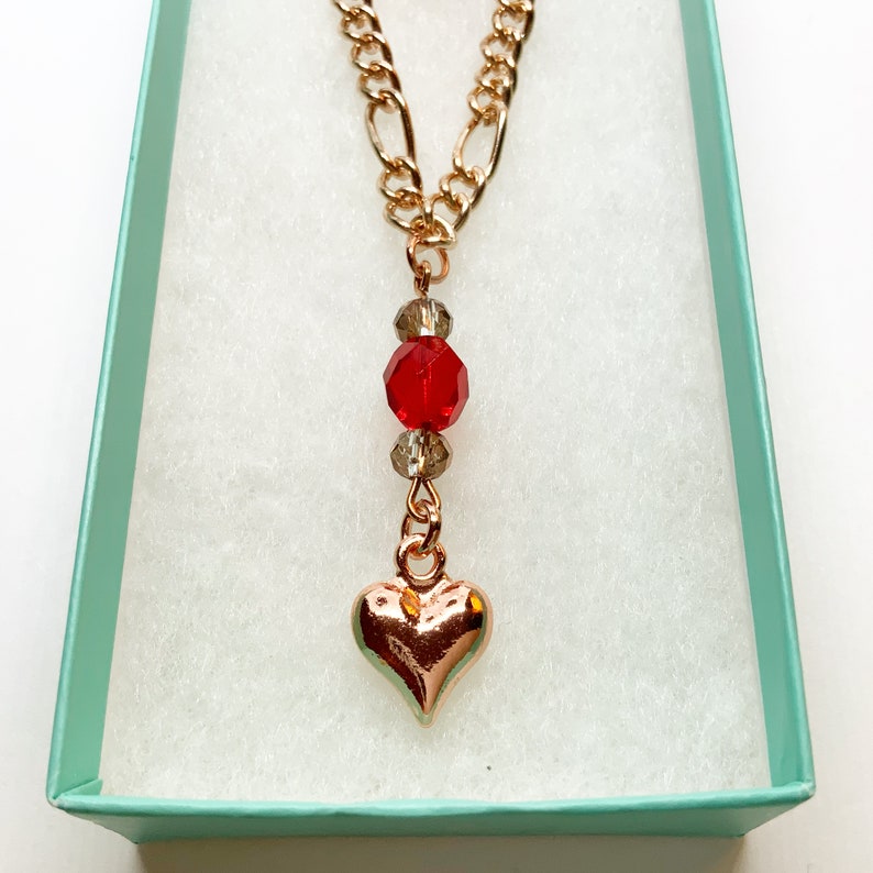 Mother\u2019s Day present Mother\u2019s Day gift-Heart necklace-Rose gold chain necklace-Red bead and heart necklace
