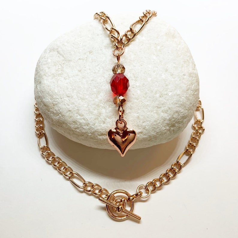 Mother\u2019s Day present Mother\u2019s Day gift-Heart necklace-Rose gold chain necklace-Red bead and heart necklace