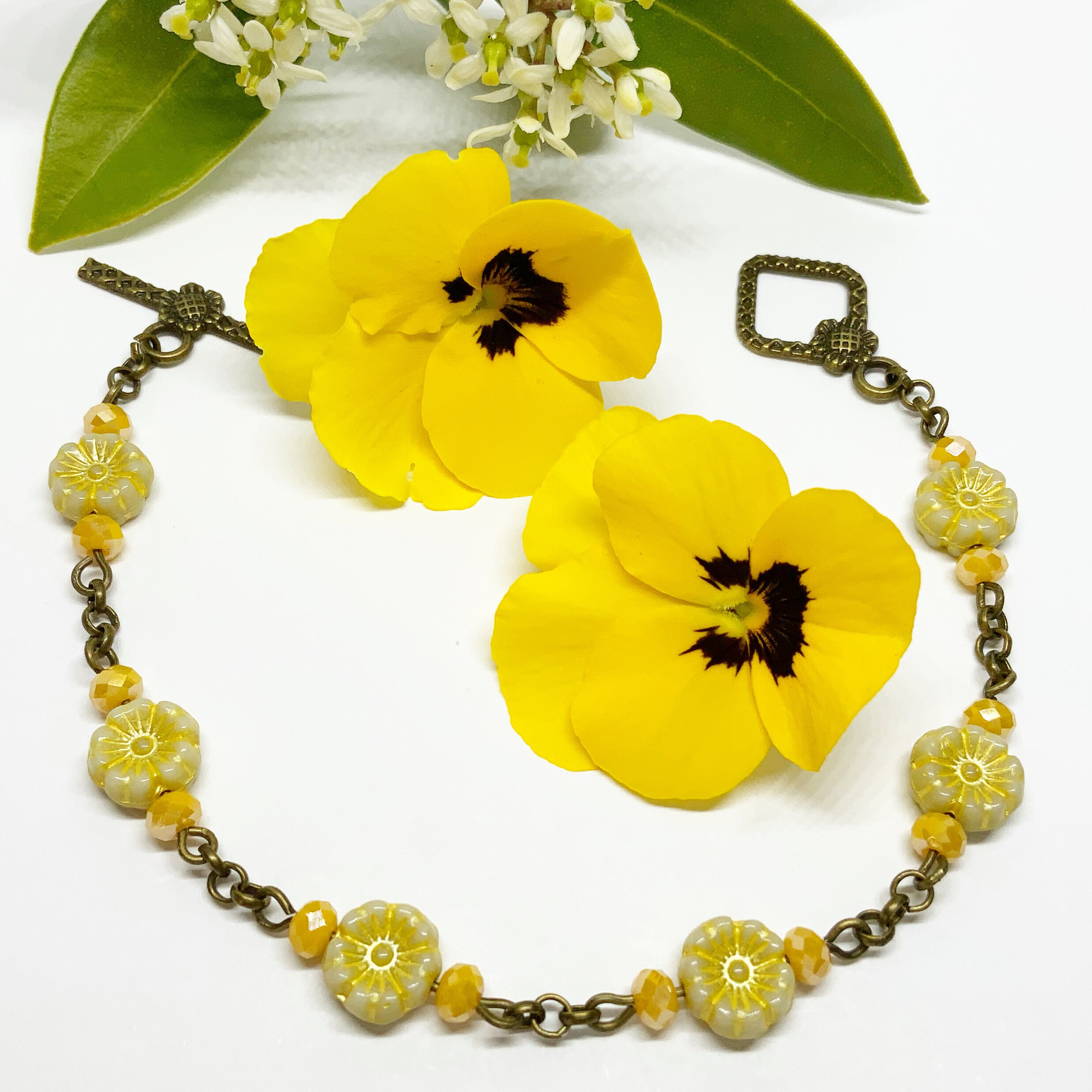 Beaded Chain Bracelet, Czech Flower Bead Bracelet, Yellow Bracelet