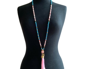 FEMININE MALA Necklace-Artisan pink guru bead Mala necklace-Pink tassel Mala-Turquoise Mala-108 hand-knotted Mala-yoga necklace gift