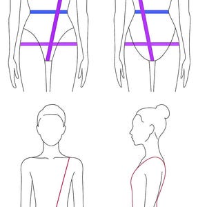 May include: Line drawings of a person with measurement guides. The guides are in blue and purple, showing how to measure the body for clothing. The image also shows a side view of a person with a red line indicating a measurement.