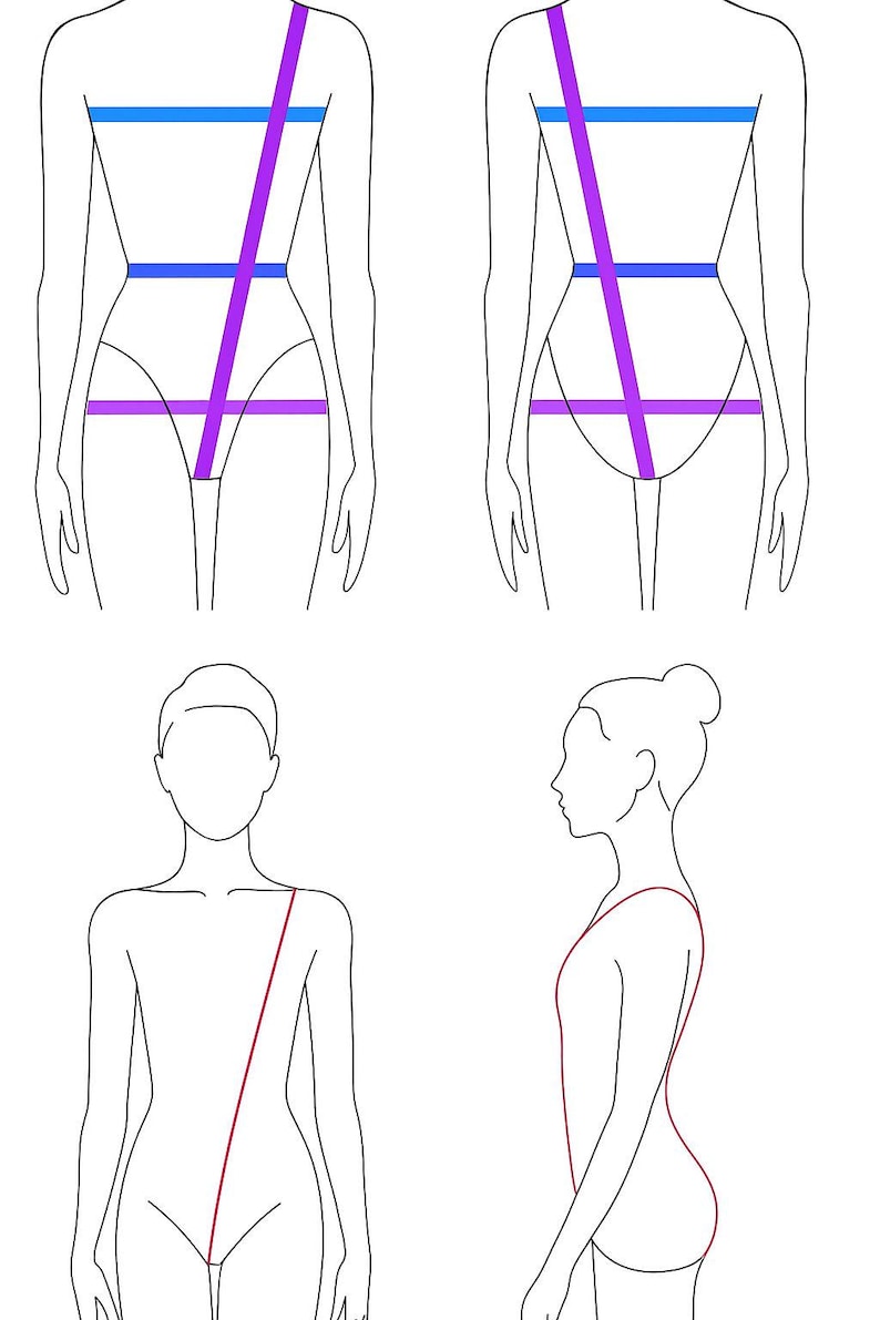 May include: Line drawings of a person with measurement guides. The guides are in blue and purple, showing how to measure the body for clothing. The image also shows a side view of a person with a red line indicating a measurement.