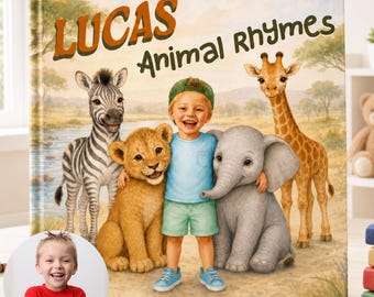 Personalized Animal Rhymes Book for Boys, Custom Kids Name Story Book with Photo, Safari Storybook Gift, Toddler Animal Keepsake Book