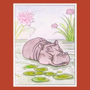 May include: A cartoon illustration of a hippopotamus swimming in a pond with lily pads. The hippopotamus is brown and has a pink nose. The water is blue and there are pink flowers growing in the background.