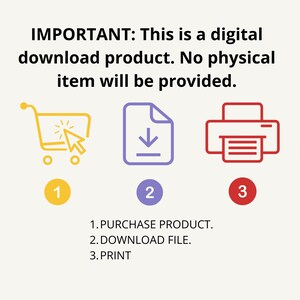 Pu&ograve; includere: Un'illustrazione che mostra i passaggi per un prodotto di download digitale. Un carrello della spesa giallo con un cursore, un documento viola con una freccia di download e una stampante rossa con un foglio di carta. Il testo recita: IMPORTANTE: Questo &egrave; un prodotto di download digitale. Non verr&agrave; fornito alcun articolo fisico. 1. ACQUISTA IL PRODOTTO. 2. SCARICA IL FILE. 3. STAMPA.