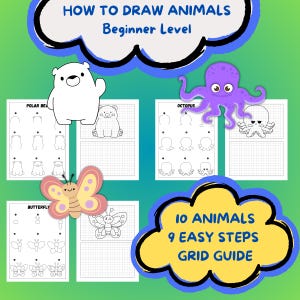 HOW TO DRAW 10 easy animals in 9 simple steps. A basic guide for kids starting to draw with a grid guide for each animal. Bundle 3 of 10.