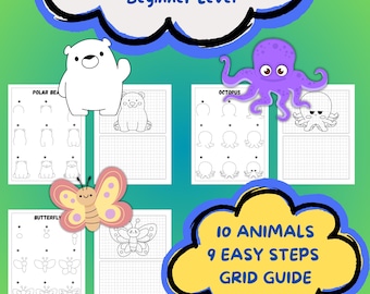 How to Draw Animals for Kids Bundle DIGITAL DOWNLOAD, Step by Step Drawing worksheets, 10 Easy Animals Printable, Learn to Draw Beginner PDF