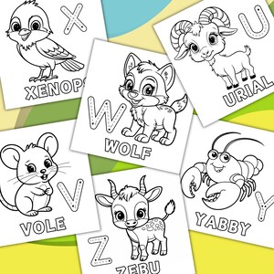 Pu&ograve; includere: Pagine da colorare in bianco e nero con animali e lettere dell'alfabeto. Gli animali includono un uccello, un lupo, una capra, un topo, un granchio e un cervo. Le lettere sono X, W, U, V, Y e Z. Ogni pagina ha una linea tratteggiata per tracciare la lettera.