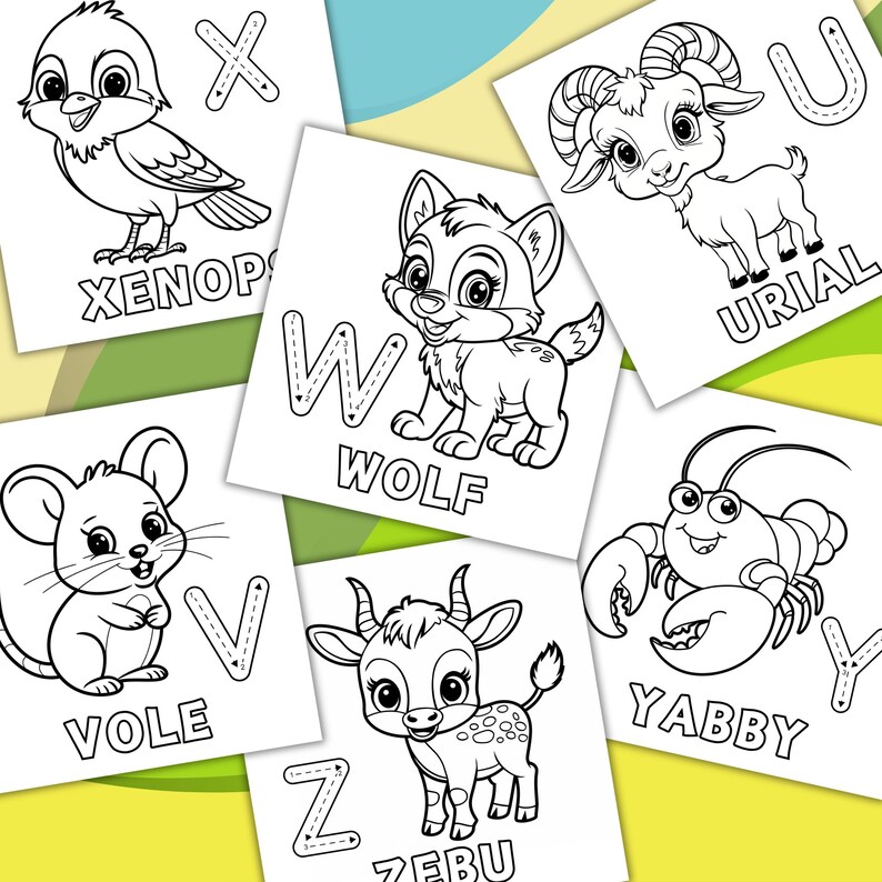 Pu&ograve; includere: Pagine da colorare in bianco e nero con animali e lettere dell'alfabeto. Gli animali includono un uccello, un lupo, una capra, un topo, un granchio e un cervo. Le lettere sono X, W, U, V, Y e Z. Ogni pagina ha una linea tratteggiata per tracciare la lettera.